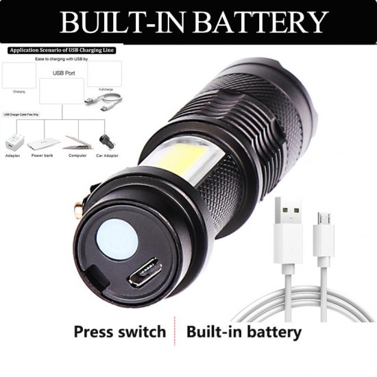 Mini USB Rechargable Flashlight COB LED Flashlight Portable ZOOM Waterproof Built-in Battery Torch
