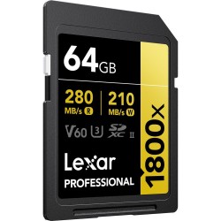 Lexar 64GB Professional 1800x UHS-II SDXC 280MB/S - 210MB/S C10 V60 Memory Card 