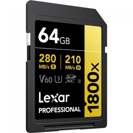 Lexar 64GB Professional 1800x UHS-II SDXC 280MB/S - 210MB/S C10 V60 Memory Card 