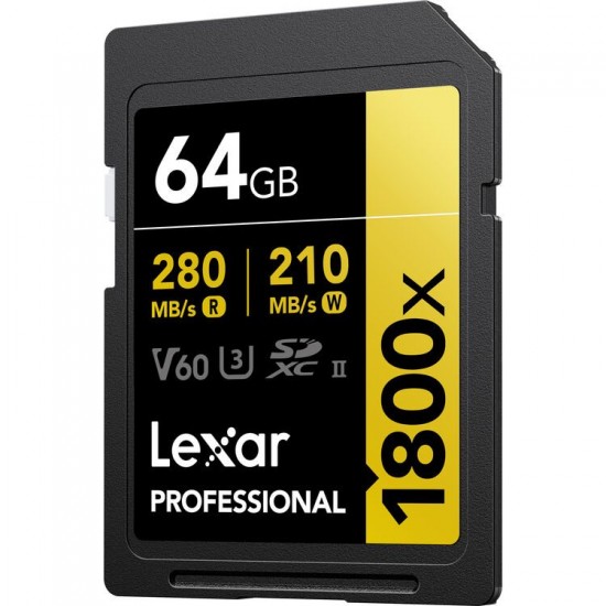 Lexar 64GB Professional 1800x UHS-II SDXC 280MB/S - 210MB/S C10 V60 Memory Card 