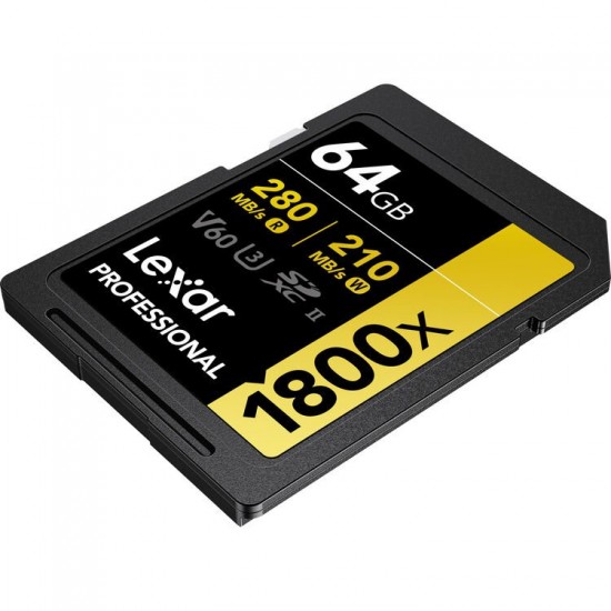 Lexar 64GB Professional 1800x UHS-II SDXC 280MB/S - 210MB/S C10 V60 Memory Card 