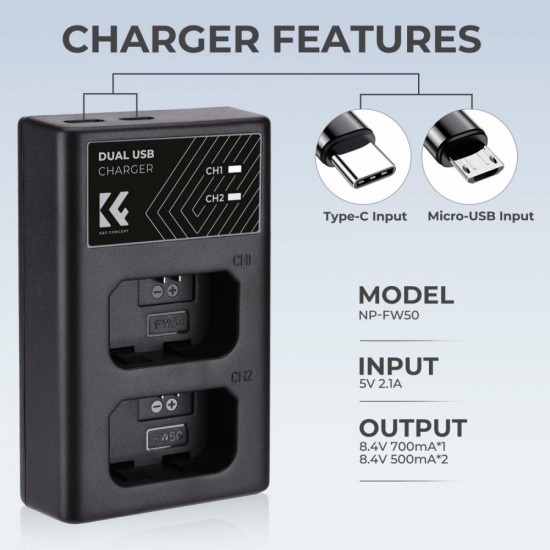 K&F Concept NP-FW50 Dual Slot Quick Charger, Micro USB and Type-C Dual Interface
