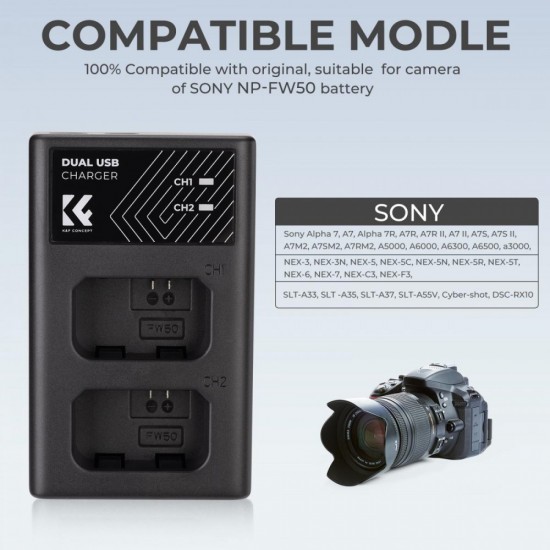 K&F Concept NP-FW50 Dual Slot Quick Charger, Micro USB and Type-C Dual Interface