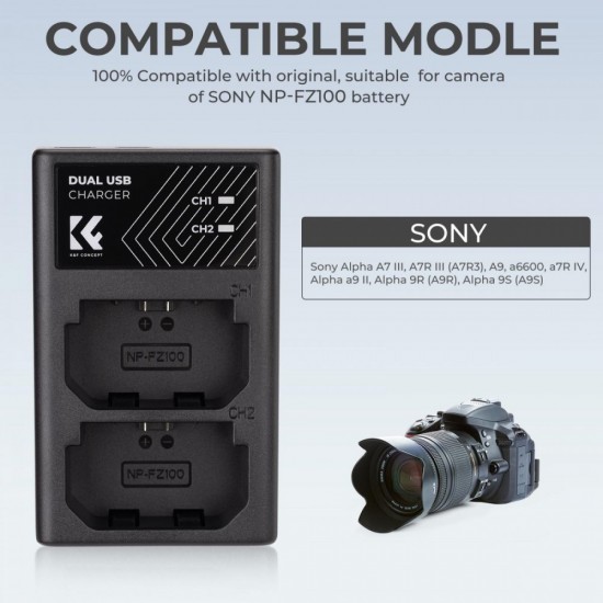 K&F Concept NP-FZ100 Dual Slot Quick Charger Micro USB and Type-C Dual Interface
