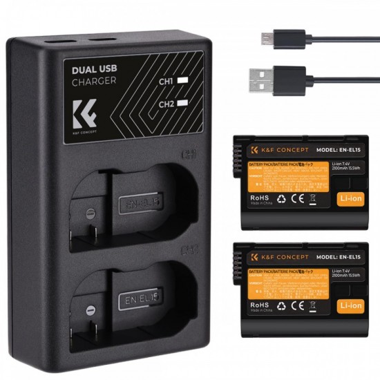 بطارية قابلة لإعادة الشحن EN-EL15 من K&F Concept، قطعتان + طقم شاحن متوافق مع نيكون