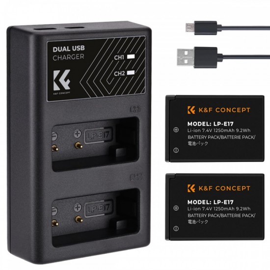 بطارية قابلة لإعادة الشحن LP-E17 من K&F Concept، بطاريتان + شاحن