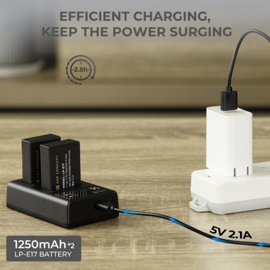 بطارية قابلة لإعادة الشحن LP-E17 من K&F Concept، بطاريتان + شاحن