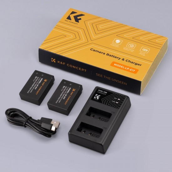 بطارية قابلة لإعادة الشحن LP-E17 من K&F Concept، بطاريتان + شاحن