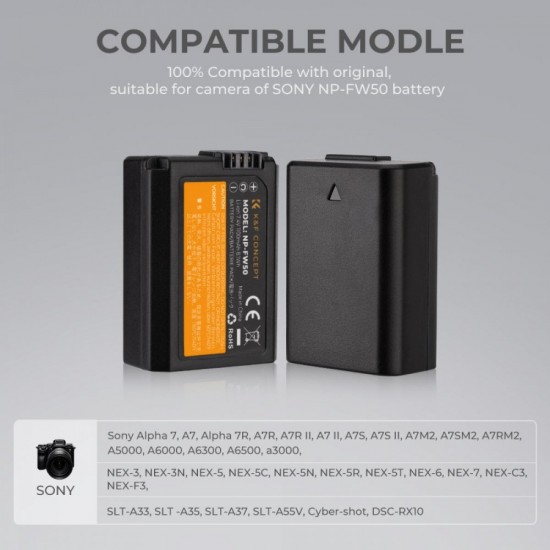 K&F Concept NP-FW50 rechargeable battery 2pcs + charger kit compatible with Sony K&F Concept NP-FW50 rechargeable battery 2pcs + charger kit compatible with Sony