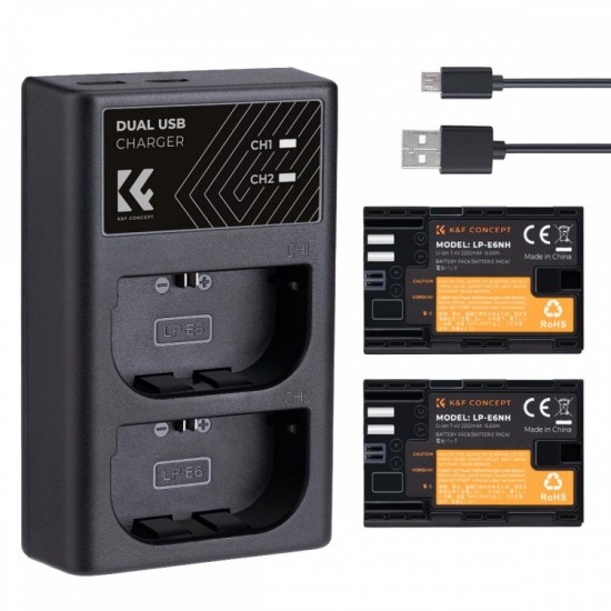 K&F Concept LP-E6NH rechargeable battery 2pcs + charger kit compatible with Canon