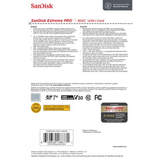SanDisk 512GB/200mbs Extreme PRO UHS-I SDXC Memory Card
