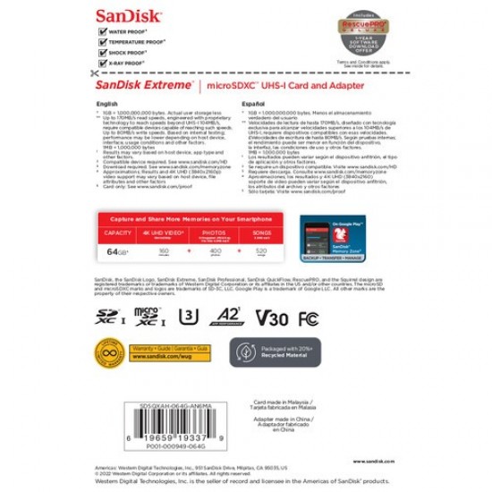 SanDisk 64GB Extreme UHS-I microSDXC Memory Card  170mbs 80mbs