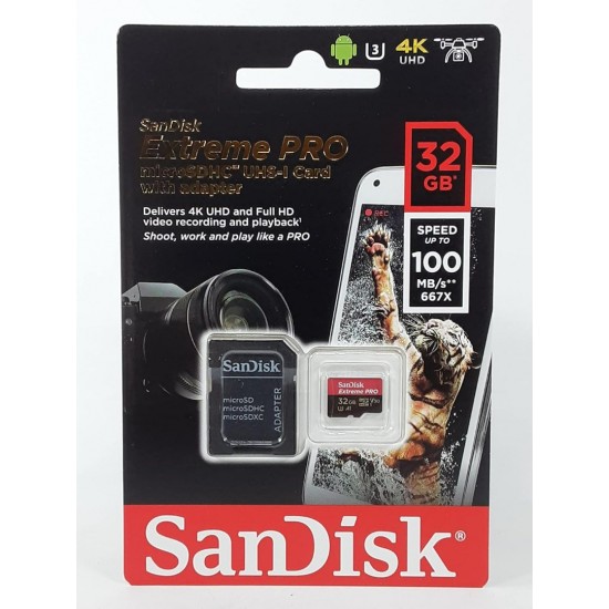 بطاقة ذاكرة SanDisk Extreme UHS-I microSDHC بسعة 32 جيجابايت/100 ميجابايت في الثانية مع محول SD بطاقة ذاكرة SanDisk Extreme UHS-I microSDHC بسعة 32 جيجابايت/100 ميجابايت في الثانية مع محول SD