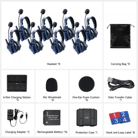Synco Xtalk Master Full-Duplex MasterFree Intercom System with 8 Single-Ear Headsets