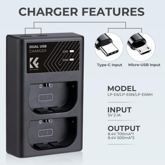 K&F Concept LP-E6/LP-E6N/LP-E6NH Dual Slot Quick Charger with Micro USB and Type-C Dual Interface