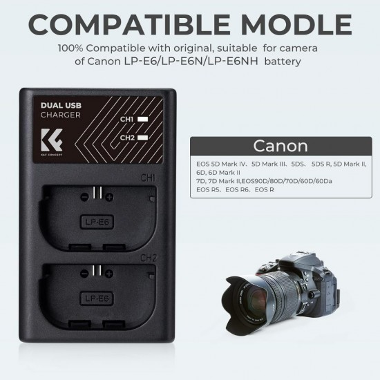 K&F Concept LP-E6/LP-E6N/LP-E6NH Dual Slot Quick Charger with Micro USB and Type-C Dual Interface