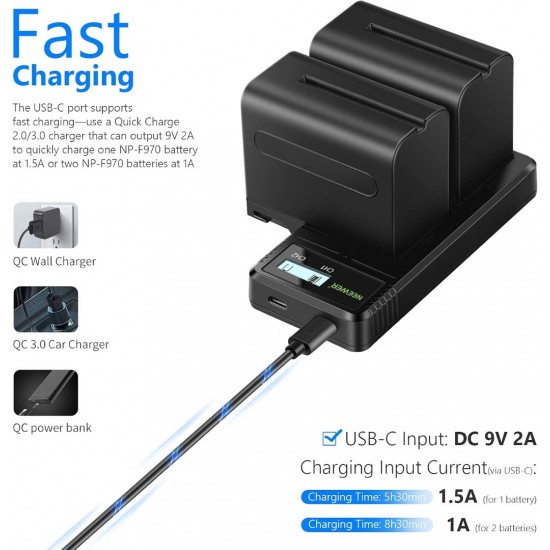 NEEWER Dual USB Fast Charger with 2x 6600mAh NP-F970 Replacement Batteries