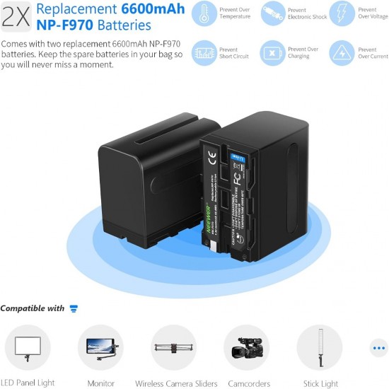 NEEWER Dual USB Fast Charger with 2x 6600mAh NP-F970 Replacement Batteries