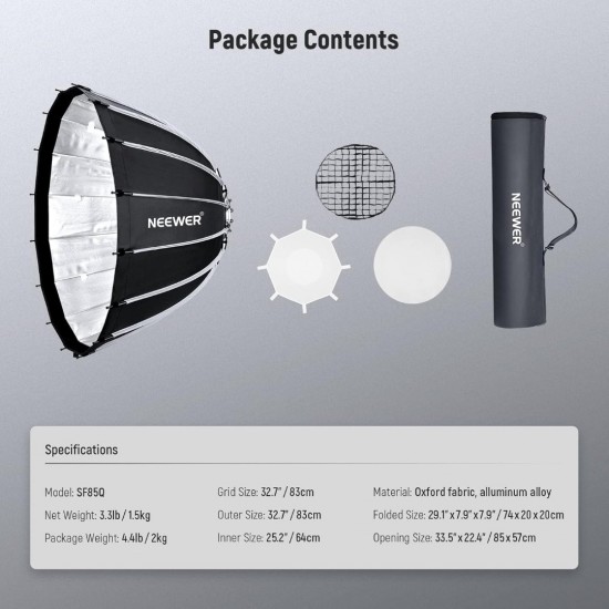 NEEWER 85CM DEEP PARABOLIC QUICK RELEASE SOFTBOX WITH HONEYCOMB GRID SF85Q NEEWER 85CM DEEP PARABOLIC QUICK RELEASE SOFTBOX WITH HONEYCOMB GRID SF85Q