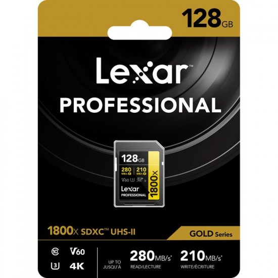 LEXAR PROFESSIONAL 1800X SDXC UHS-II 128GB MEMORY CARD 280MB/S - 210MB/S C10 V60 U3