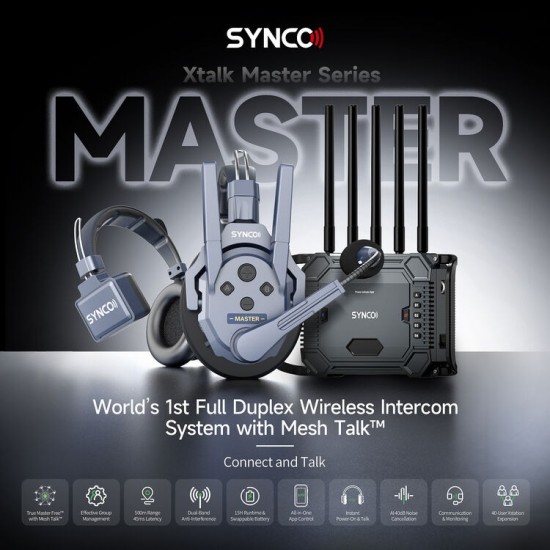 SYNCO Xtalk Master 4 Wireless Intercom Headset System, 2.4G Full Duplex 500m Range with ENC Noise Cancelling 15H Battery USB C, Master4 Four Users | Xtalk-Master4