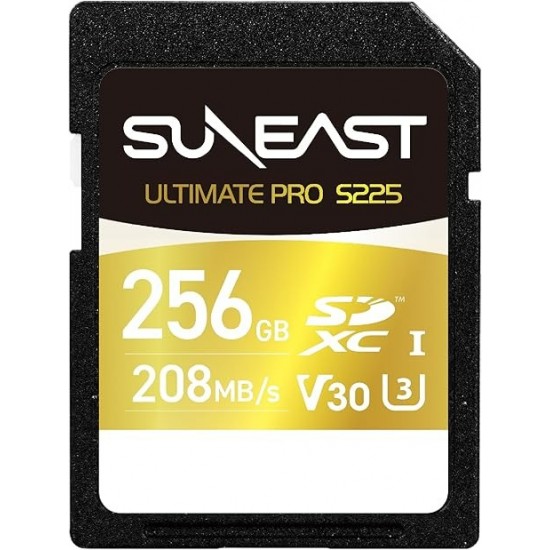 SUNEAST Ultimate Pro Gold V30 U3 C10 UHS‑I S225 SDXC 256GB Memory Card – Up to 208MB/s Read Speed