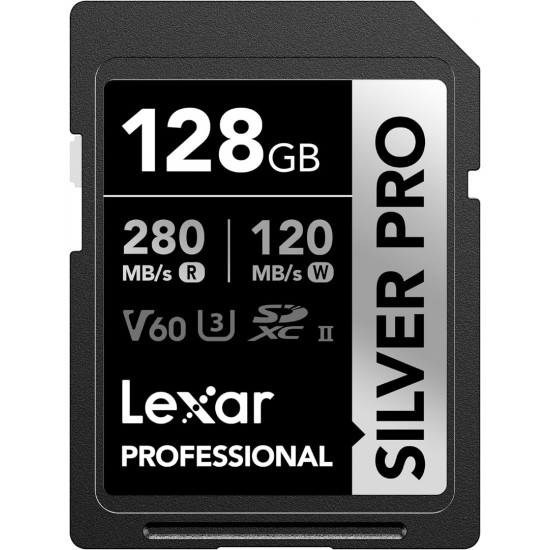 LEXAR 128GB PROFESSIONAL SILVER PRO SDXC UHS-II CARD, UP TO 280MB/S READ, 120MB/S WRITE, C10 U3 V60